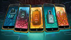 Illustration de quatre smartphones, représentant chacun Session, Status, Signal et Threema, sécurisés par des cadenas, soulignant l'importance accordée à la messagerie sécurisée.